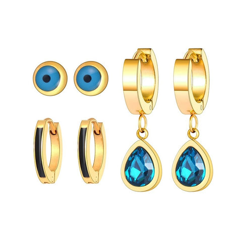 Set 3 pares aretes gota azul ojo turco