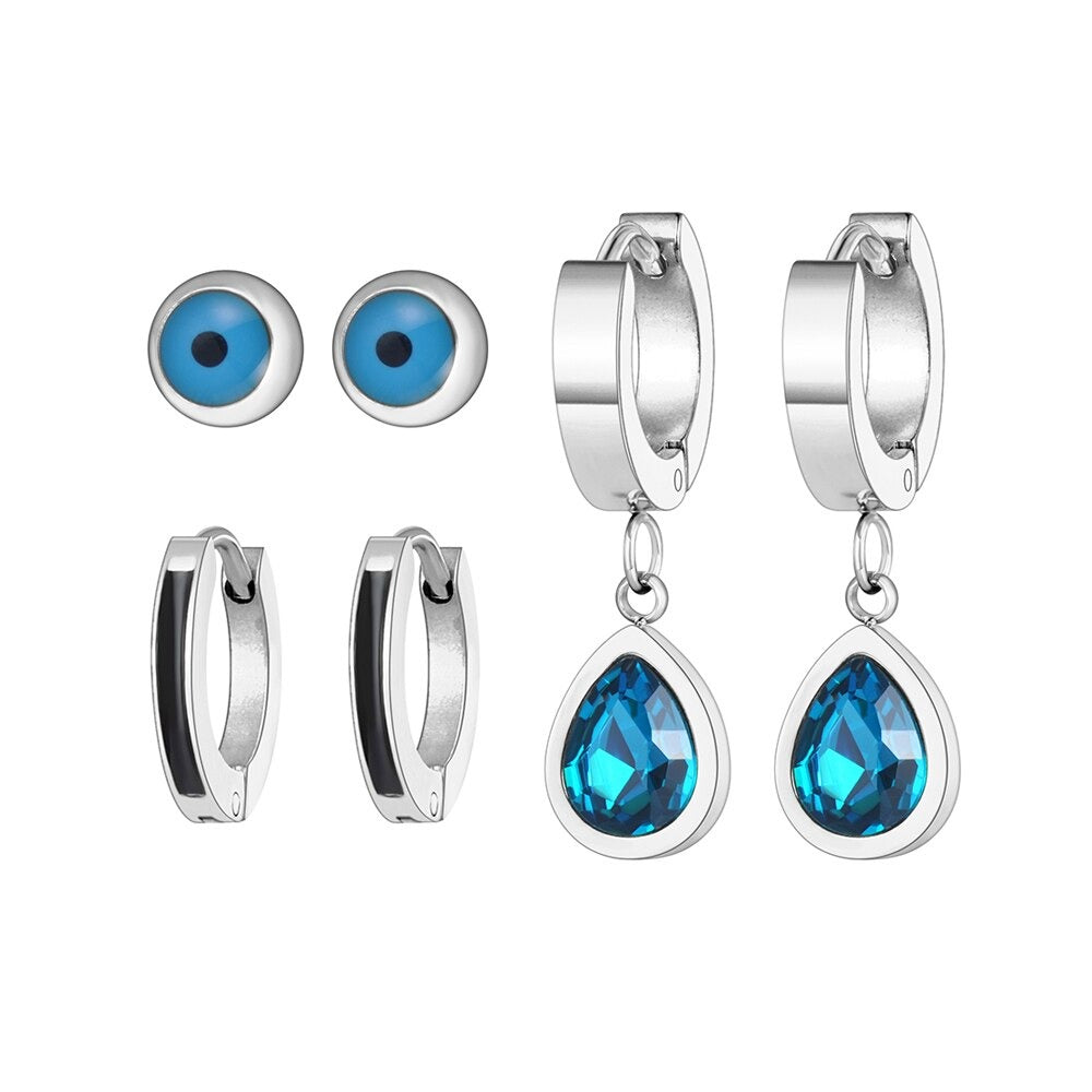 Set 3 pares aretes gota azul ojo turco