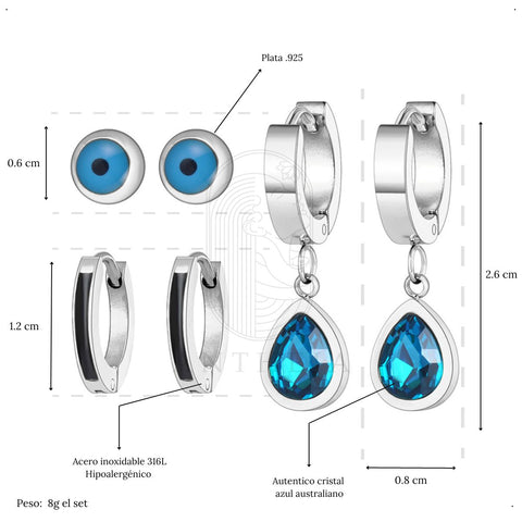 Set 3 pares aretes gota azul ojo turco